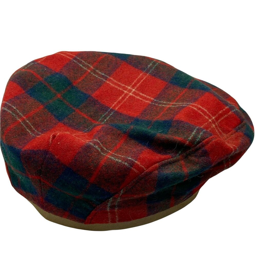 Newsboy Cap Vintage Pendleton Men's Red Green Plaid Wool Fitted Hat Size 7
